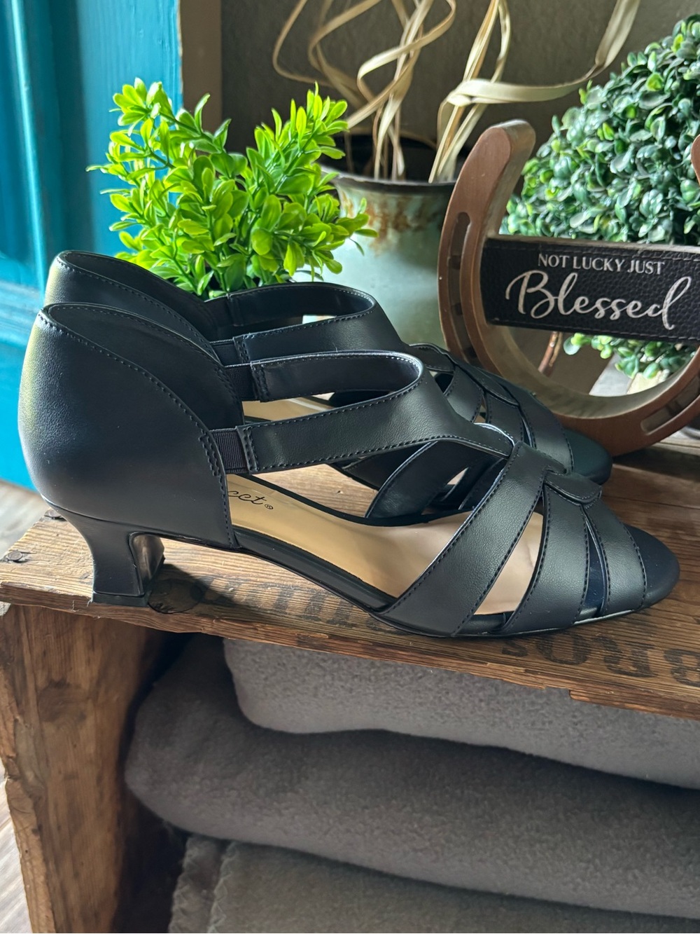 Easy Street Navy Blue Strappy Low Kitten Heel Sandals
